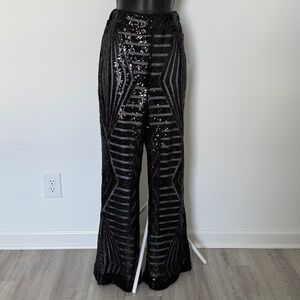 Black Sequin Striped Wide-Leg Pants